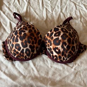 Pink Wear Everywhere Push Up Pigeonnant  red and leopard print bra. Size 34C.